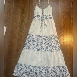 Floral White and Blue Maxi Dress cream ivory linen small vacation
